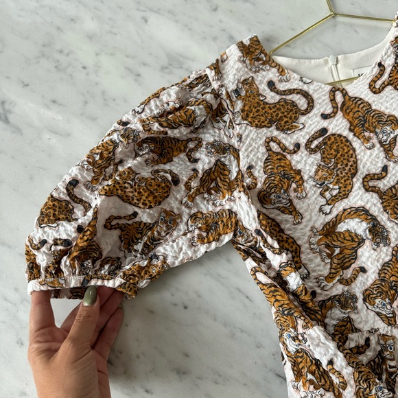 KENZO Girl’s' Seersucker Leopard & Tiger Cotton Print Dress Lined Tiered Midi - Picture 4 of 9